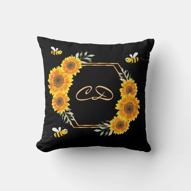 Sunflowers black bees monogram cushion (Front)
