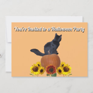 Sunflowers Black Cat Pumpkins Halloween Orange  Invitation