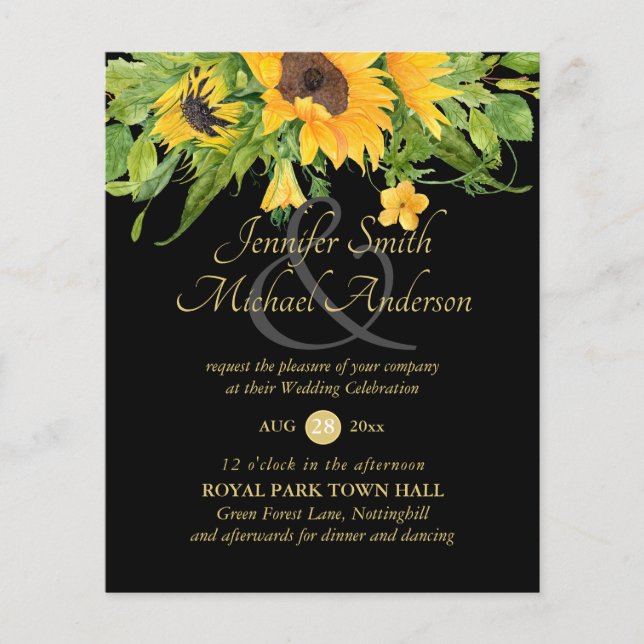 Sunflowers Black Gold Floral Wedding Invite (Front)