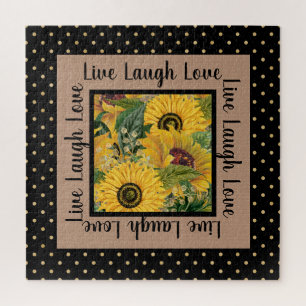 Sunflowers Black Gold Polka Dot Live Laugh Love Jigsaw Puzzle