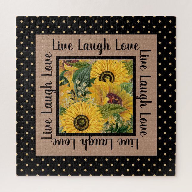 Sunflowers Black Gold Polka Dot Live Laugh Love Jigsaw Puzzle (Vertical)