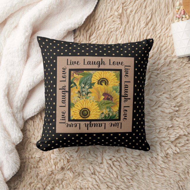 Sunflowers Black Gold Polka Dot Live Laugh Love Th Cushion (Blanket)
