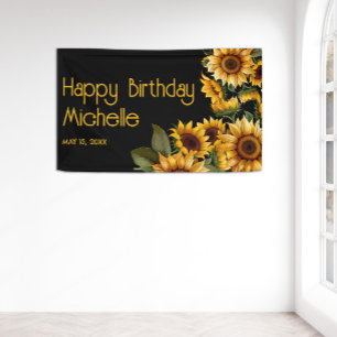 Sunflowers Black Rustic Elegant Happy Birthday Banner