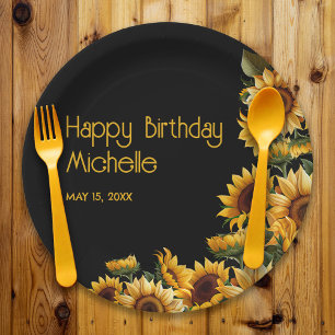 Sunflowers Black Rustic Elegant Happy Birthday Paper Plate