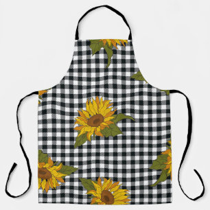Sunflowers, black white buffalo check, floral. apron