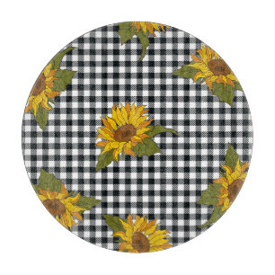 Sunflowers, black white buffalo check, floral. cutting board
