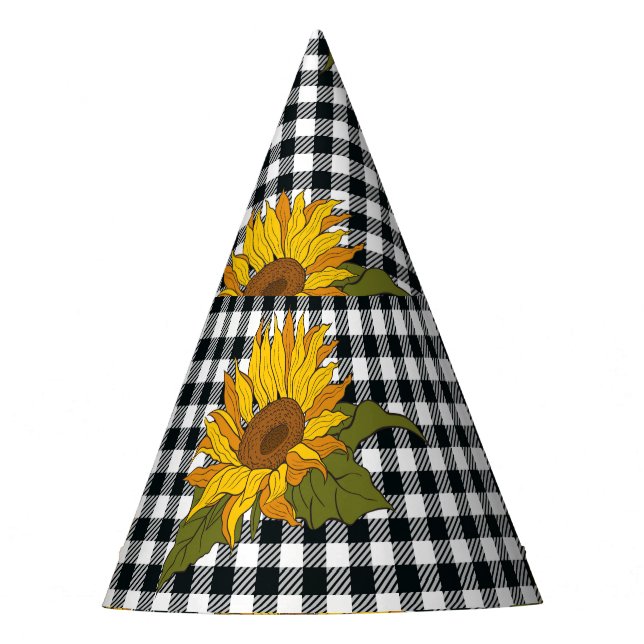 Sunflowers, black white buffalo check, floral. party hat (Front)