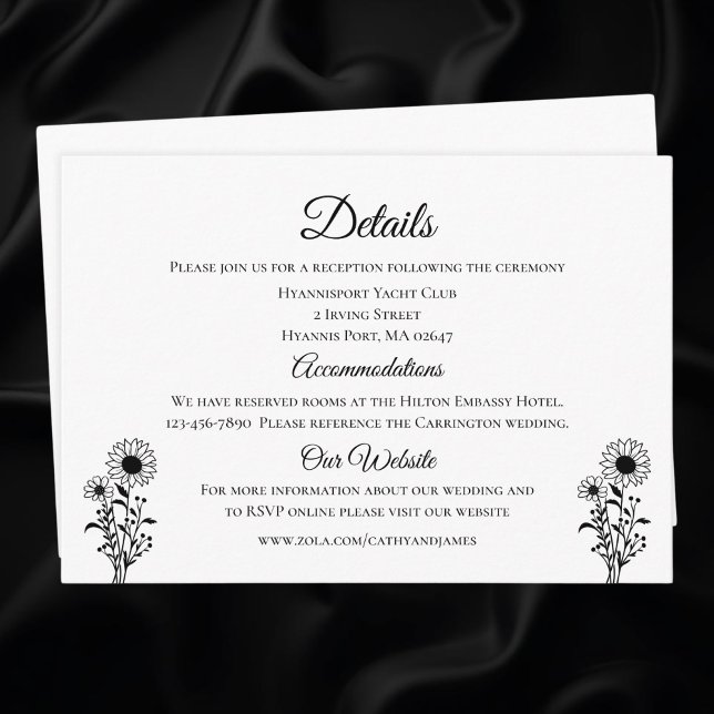 Sunflowers Black White Floral Wedding Details  Enclosure Card (Creator Uploaded)