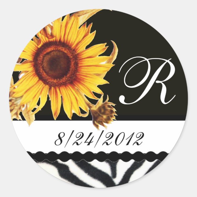 SUNFLOWERS  BLACK WHITE ZEBRA FUR MONOGRAM CLASSIC ROUND STICKER (Front)