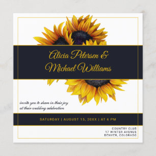 Sunflowers Bloom Gold and Navy Modern Wedding Invitation