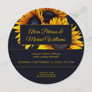 Sunflowers Bloom   Gold and Navy Modern Wedding Invitation