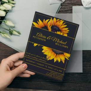 Sunflowers Bloom   Navy and Gold Modern Wedding Invitation