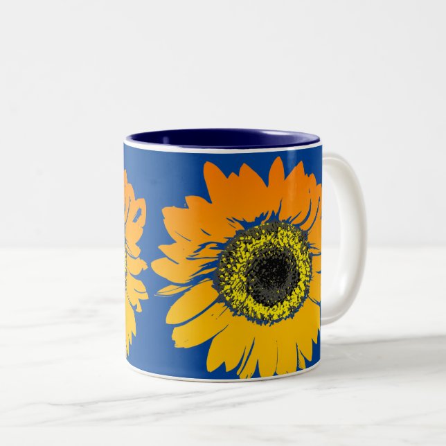 Sunflowers Blue Background Two-Tone Coffee Mug (Front Right)