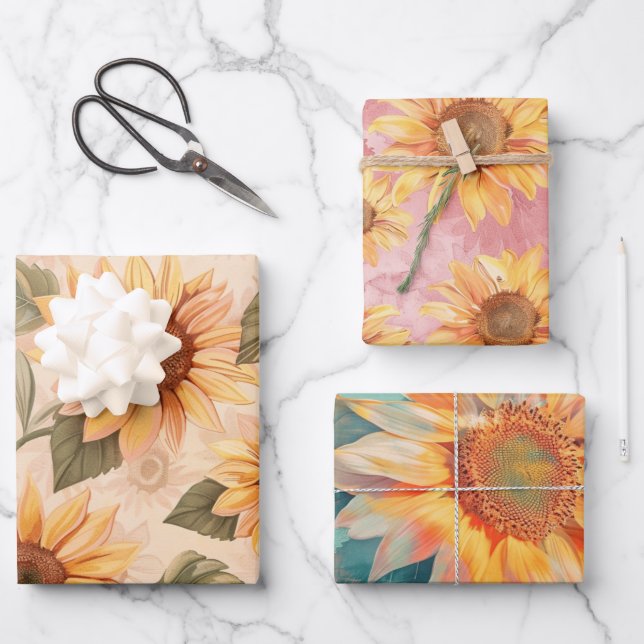 Sunflowers blue background wrapping paper sheet (Front)