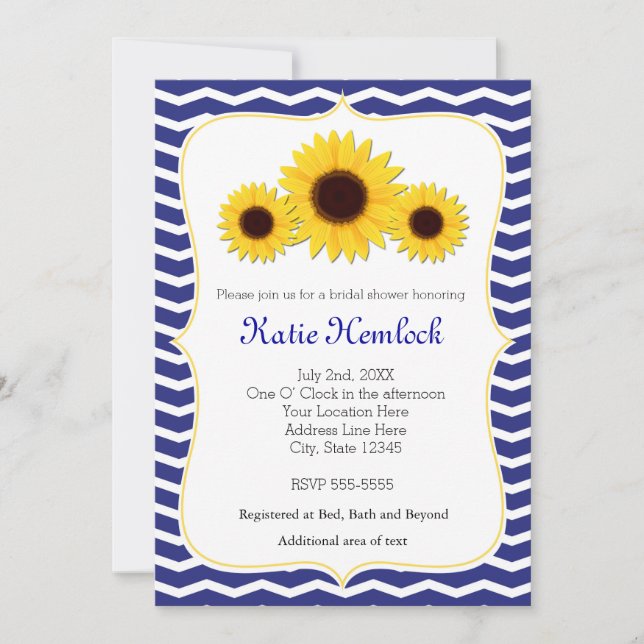 Sunflowers Blue Chevron Bridal Shower Invitation (Front)