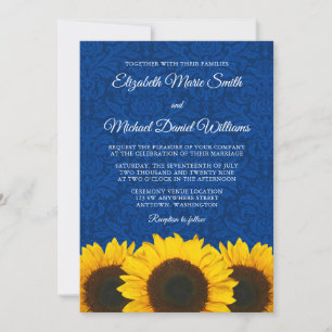Sunflowers Blue Damask Wedding Invitation