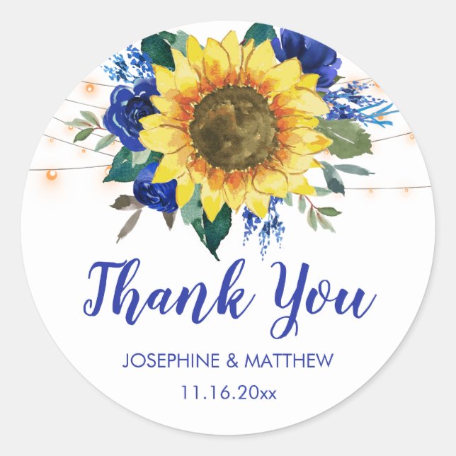 Sunflowers Blue Floral String Lights Thank You Classic Round Sticker (Front)