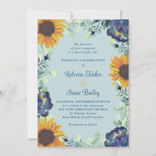 Sunflowers & Blue Flowers Greenery Floral Wedding Invitation (Front)