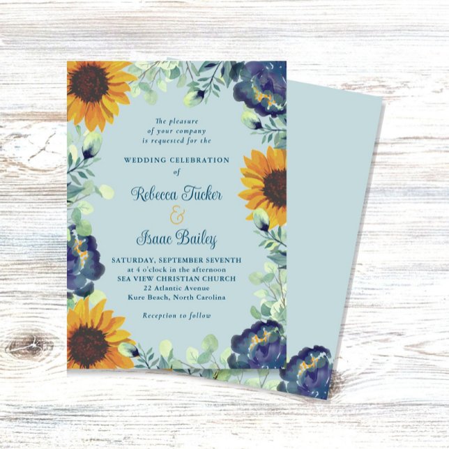 Sunflowers & Blue Flowers Greenery Floral Wedding Invitation (Creator Uploaded)