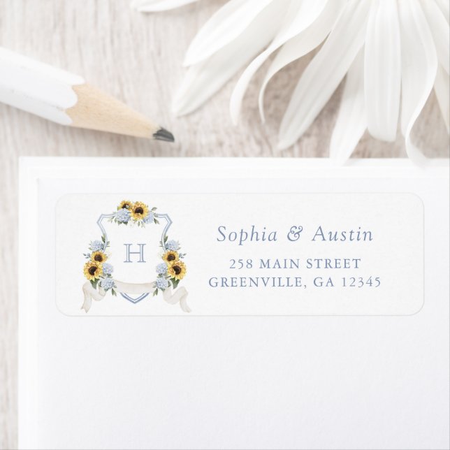 Sunflowers Blue Hydrangea Crest Return Address Label (Insitu)