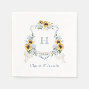 Sunflowers Blue Hydrangea Crest Wedding Monogram Napkin