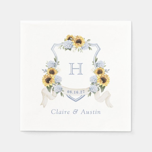 Sunflowers Blue Hydrangea Crest Wedding Monogram Napkin (Front)