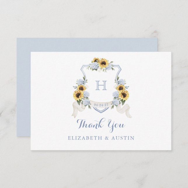 Sunflowers Blue Hydrangea Crest Wedding Monogram Thank You Card (Front/Back)