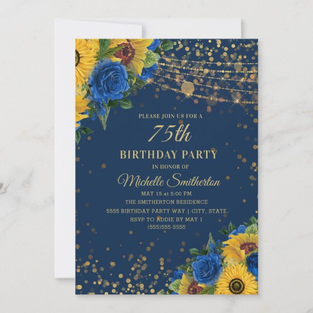 Sunflowers Blue Roses Gold Glitter 75th Birthday Invitation (Front)