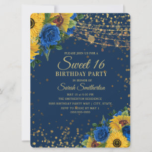 Sunflowers Blue Roses Gold Glitter Sweet 16 Invitation