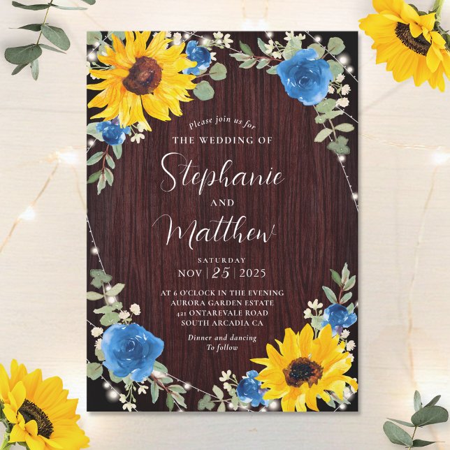 Sunflowers Blue Roses Lights Wood Wedding Invitation (Creator Uploaded)