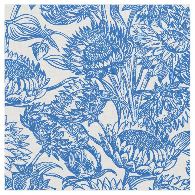 Sunflowers Blue Toile Fabric (Close Up)