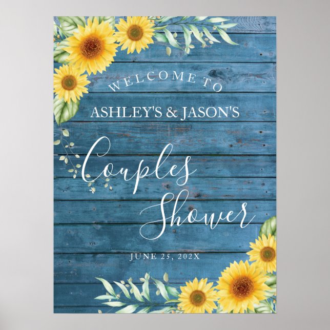 Sunflowers blue wood Couples Shower welcome sign (Front)