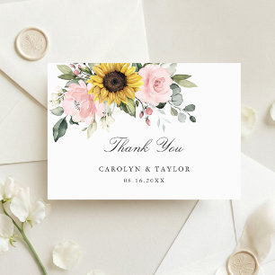Sunflowers Blush Pink Floral Rustic Wedding Thank You Card