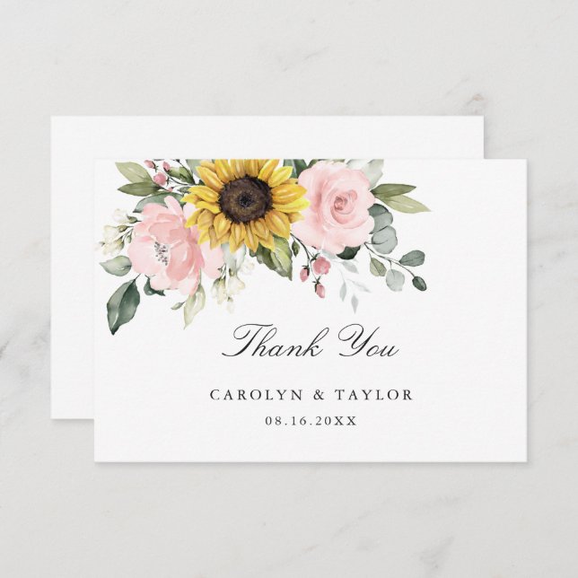 Sunflowers Blush Pink Floral Rustic Wedding Thank You Card (Front/Back)