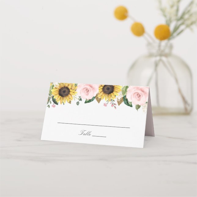 Sunflowers Blush Pink Flowers Wedding Place Card (Front)