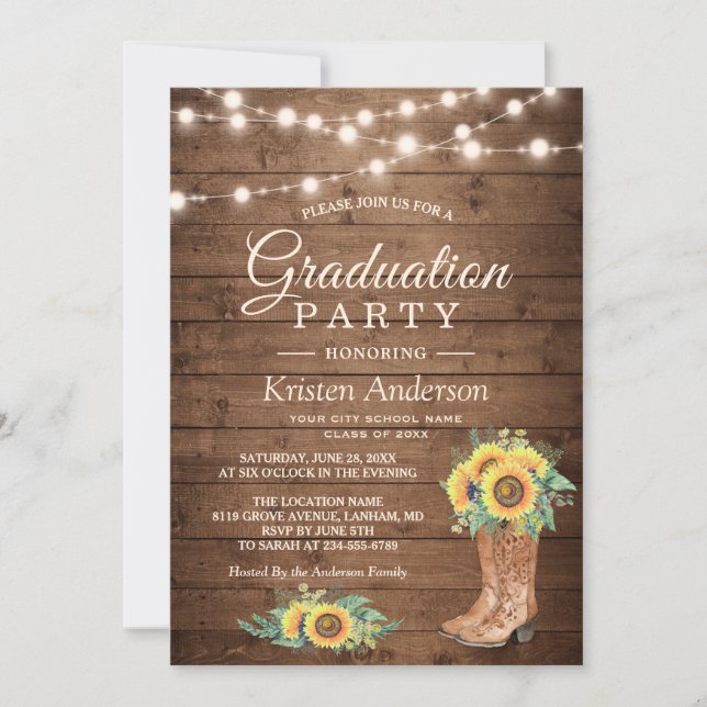 Sunflowers Boots String Lights Graduation Party Invitation (Front)