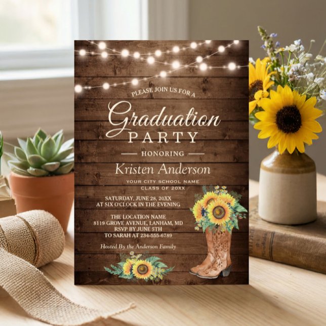 Sunflowers Boots String Lights Graduation Party Invitation (Creator Uploaded)