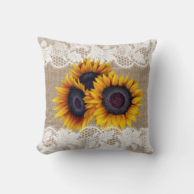 Sunflowers bouquet burlap and lace vintage rustic cushion (Front)