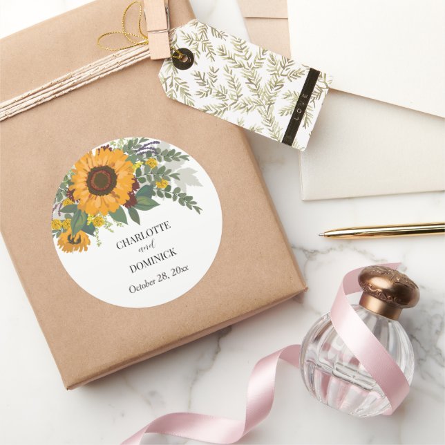 Sunflowers Bouquet Floral Couple Name Wedding     Classic Round Sticker (Gifting)