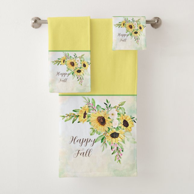 Sunflowers bouquet with customisable text bath towel set (Insitu)