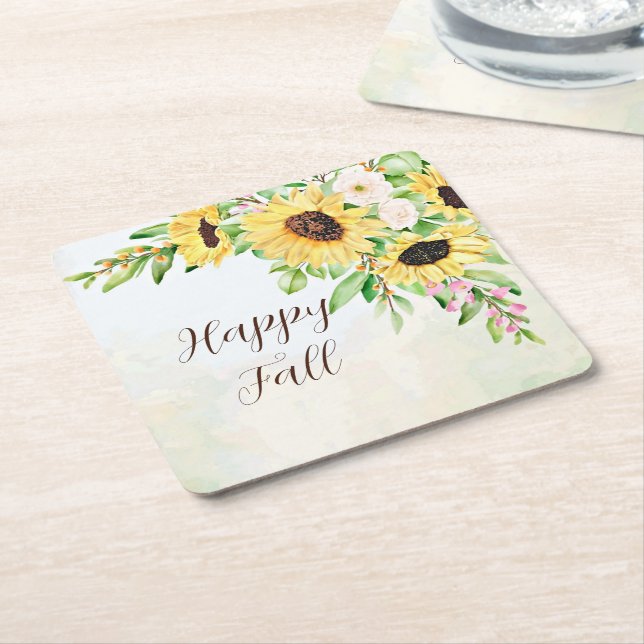 Sunflowers bouquet with customisable text square paper coaster (Angled)