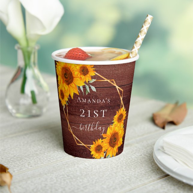 Sunflowers brown wood name rustic birthday paper cups (Insitu)