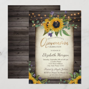  Sunflowers Brown Wood Quinceañera Birthday Invitation