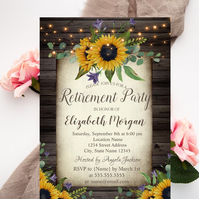  Sunflowers Brown Wood Retirement Invitation (Creator Uploaded)