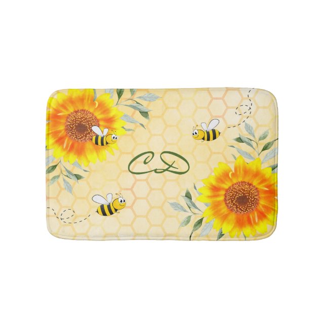 Sunflowers bumble bees yellow honeycomb monogram bath mat (Front)