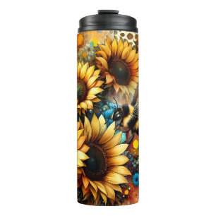 Sunflowers, Bumblebee Animal Print Thermal Tumbler