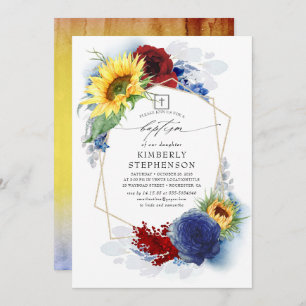 Sunflowers Burgundy and Navy Blue Floral Baptism Invitation