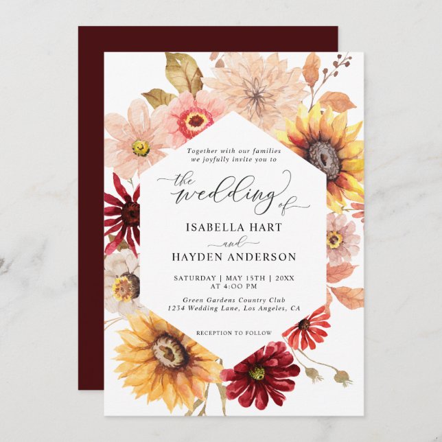 Sunflowers & Burgundy Fall Wild Floral Wedding Invitation (Front/Back)