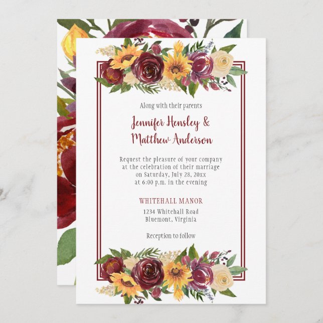 Sunflowers & Burgundy Floral Drop Burgundy Frame Invitation (Front/Back)