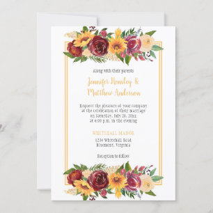 Sunflowers & Burgundy Floral Drop Gold Frame Invitation